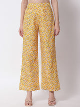 Kotty Women Mustard Yellow Floral Printed Relaxed High-Rise Easy Wash Trousers