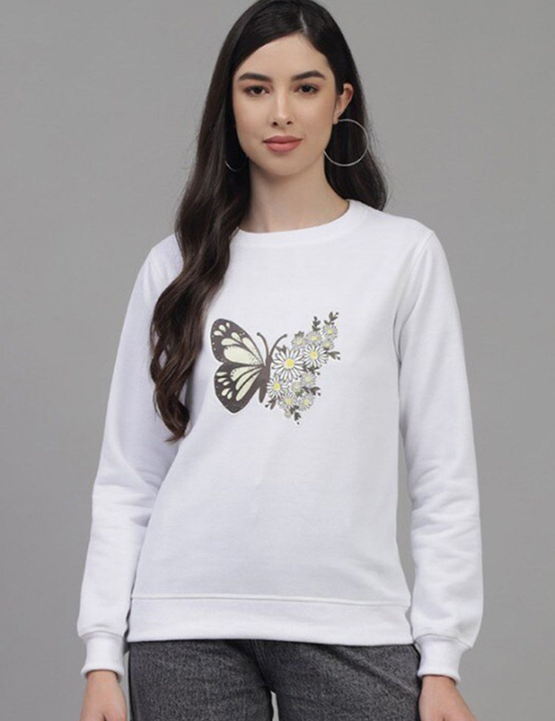 Kotty Women White Butterfly Printed Fleece Sweatshirt