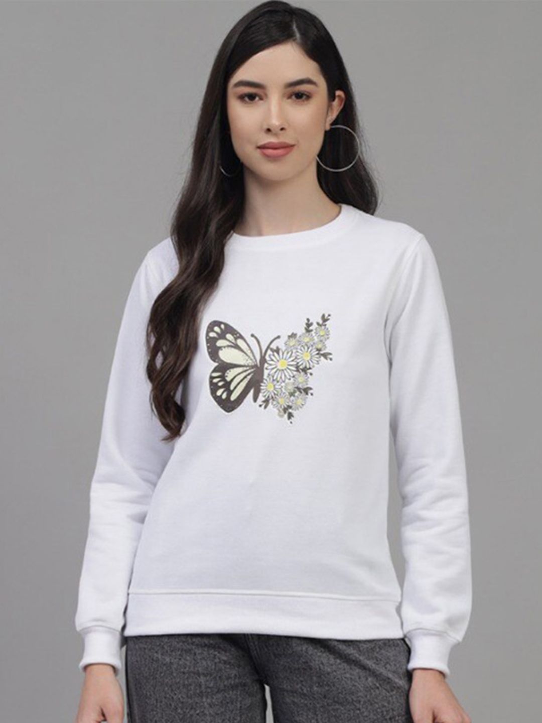 Kotty Women White Butterfly Printed Fleece Sweatshirt