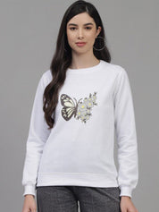 Kotty Women White Butterfly Printed Fleece Sweatshirt