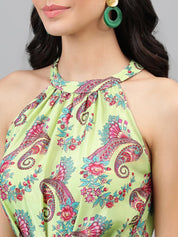 Kotty Green And Maroon Paisley Printed Halter Neck Tiered Fit & Flare Midi Dress