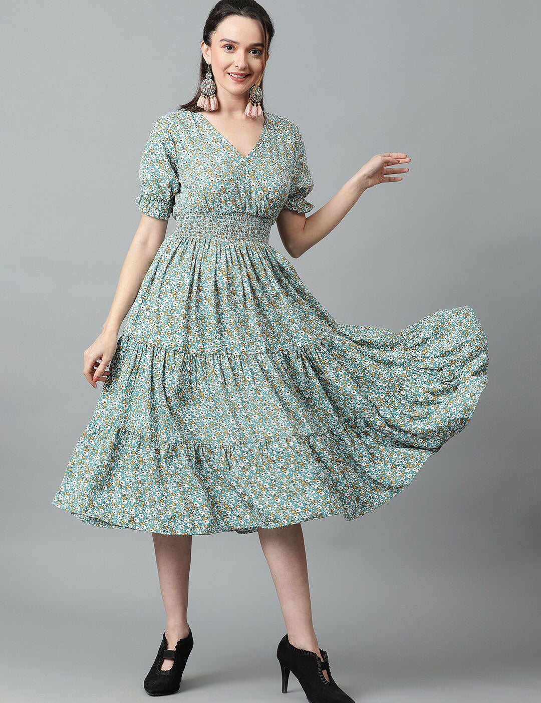 Kotty Floral Printed V-Neck Puff Sleeve Layered Crepe Fit & Flare Midi Dress