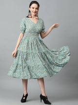 Kotty Floral Printed V-Neck Puff Sleeve Layered Crepe Fit & Flare Midi Dress