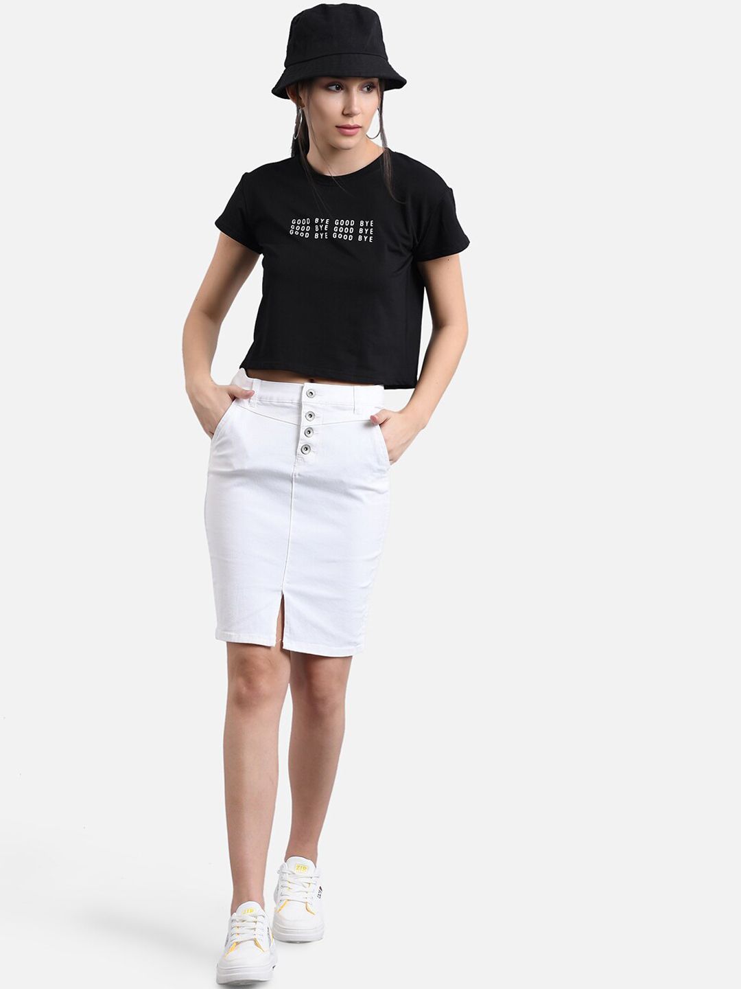 Kotty Women White Solid Denim Pencil Skirt