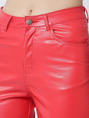 Kotty Women Red Relaxed Straight Fit Faux Leather Trousers