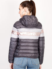 Kotty Women Grey & White Colourblocked Insulator Hooded Puffer Jacket