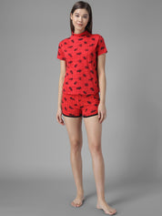 Kotty Women Red & Black Printed Night Suit