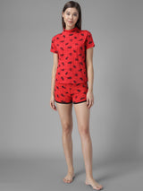 Kotty Women Red & Black Printed Night Suit