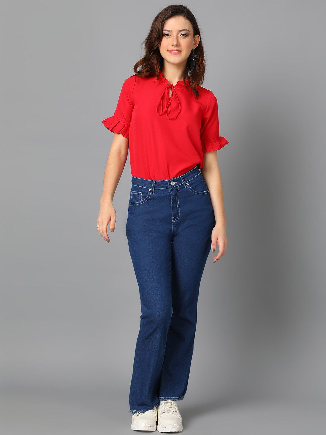 Kotty Red Tie-Up Neck Bell Sleeve Crepe Top