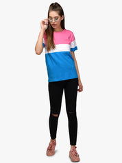 Kotty Women Blue & Pink Colourblocked Round Neck T-shirt