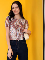 Kotty Women Printed Tie-Up Neck Puff Sleeves Top