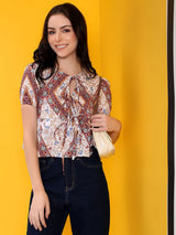 Kotty Women Printed Tie-Up Neck Puff Sleeves Top