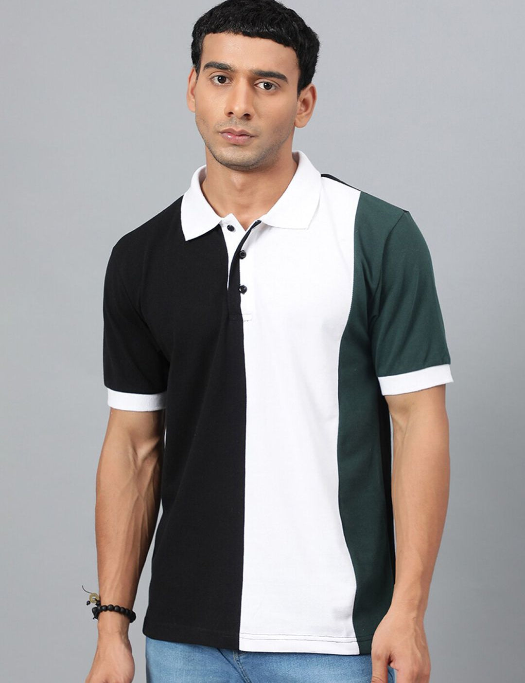 Kotty Black & White Colourblocked Polo Collar Cotton T-shirt
