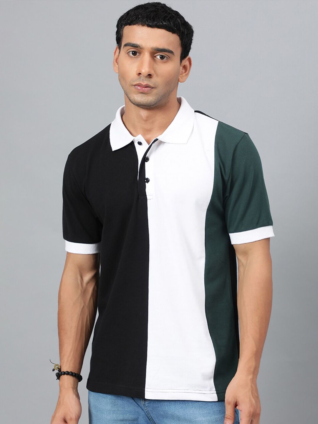 Kotty Black & White Colourblocked Polo Collar Cotton T-shirt