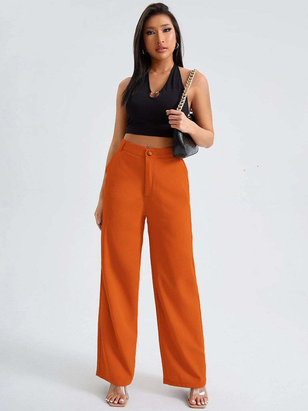 Kotty Women Orange Relaxed Straight Fit High-Rise Easy Wash Trousers
