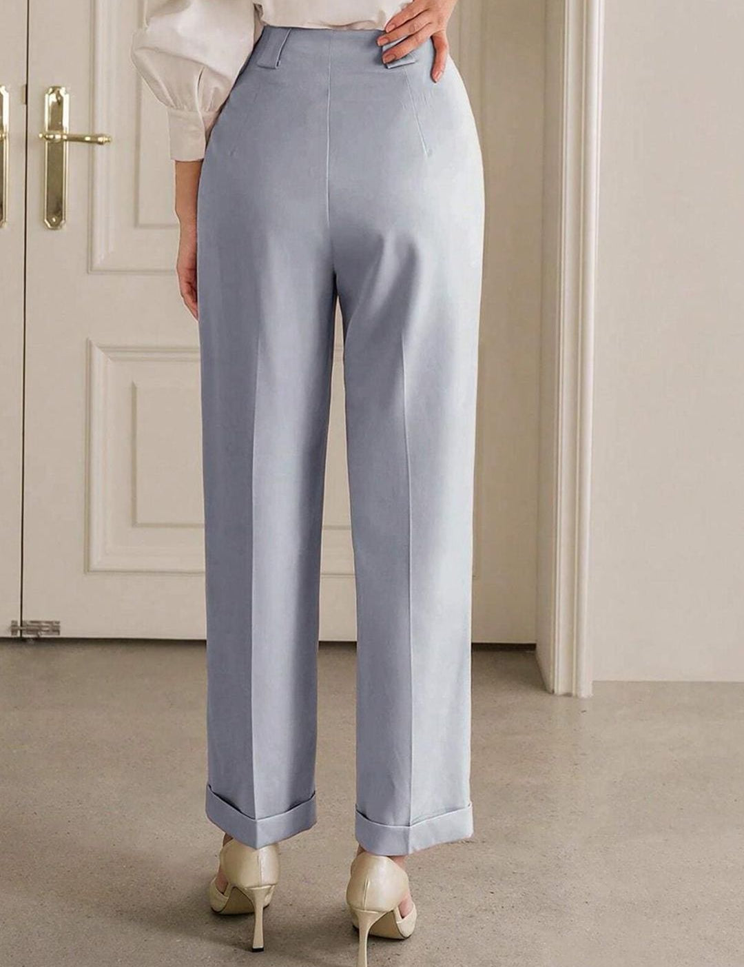 Kotty Women Striped Relaxed Straight Leg Straight Fit High-Rise Cotton Pleated Trousers