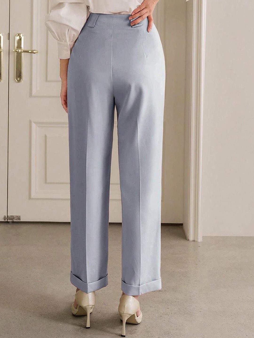 Kotty Women Striped Relaxed Straight Leg Straight Fit High-Rise Cotton Pleated Trousers