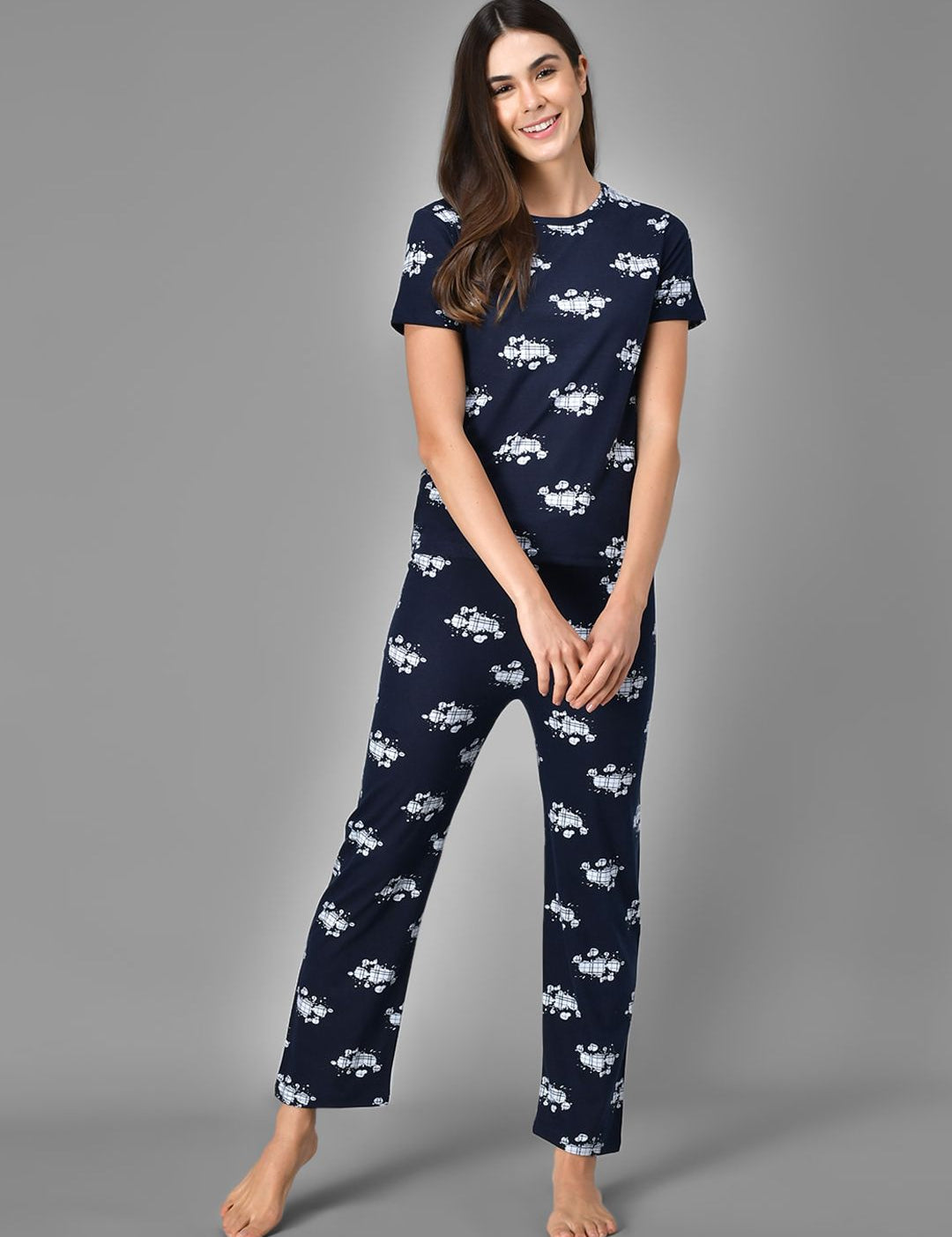 Kotty Women Blue & White Printed Night Suit