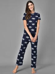 Kotty Women Blue & White Printed Night Suit