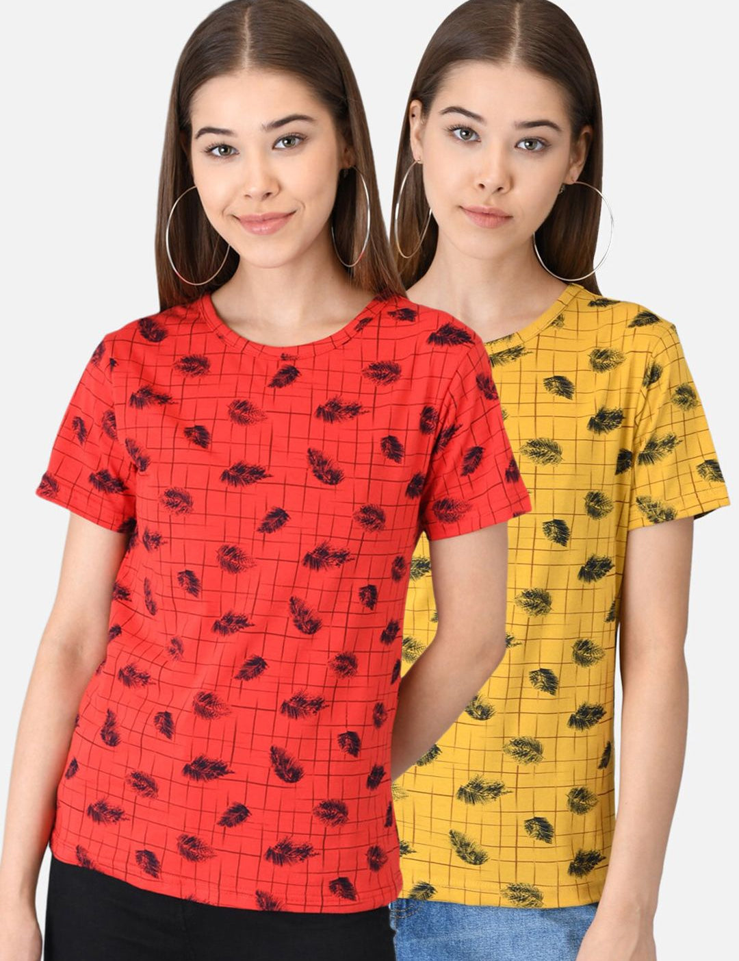 Kotty Women Pack of 2 Red & Yellow Printed Round Neck T-shirts