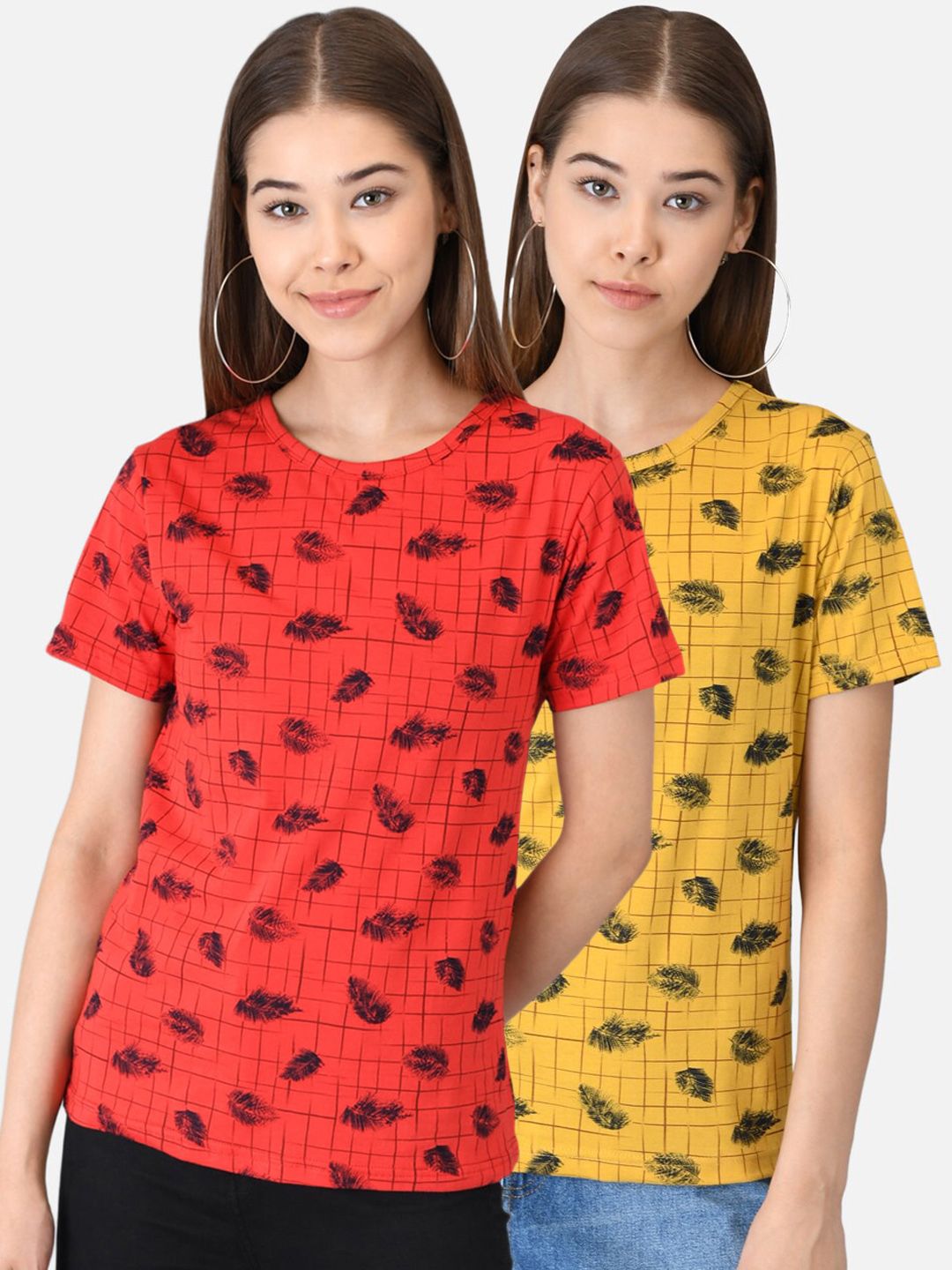 Kotty Women Pack of 2 Red & Yellow Printed Round Neck T-shirts