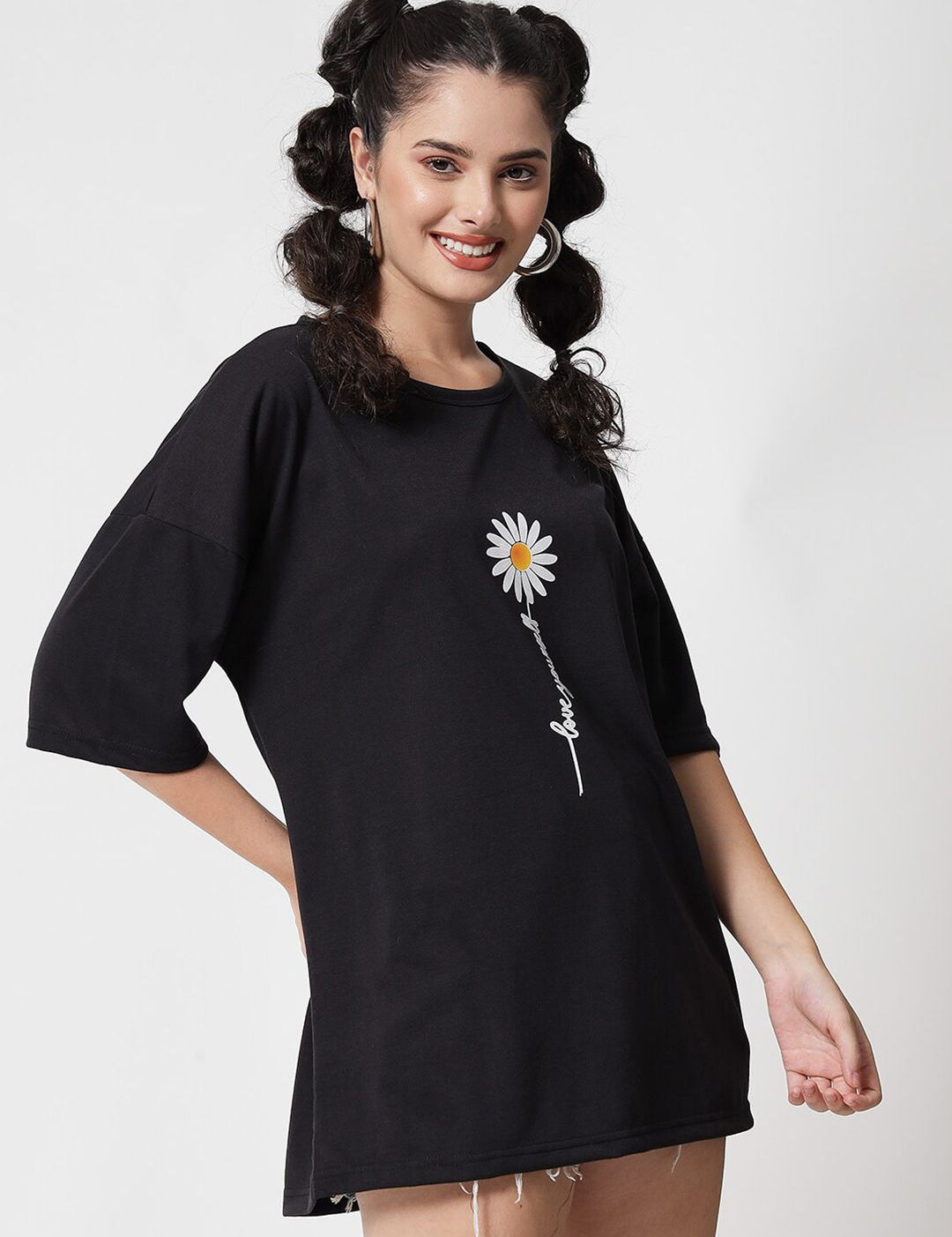 Kotty Women Black Typography Printed Drop-Shoulder Sleeves Applique Oversized T-shirt