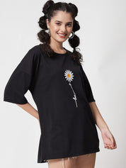 Kotty Women Black Typography Printed Drop-Shoulder Sleeves Applique Oversized T-shirt