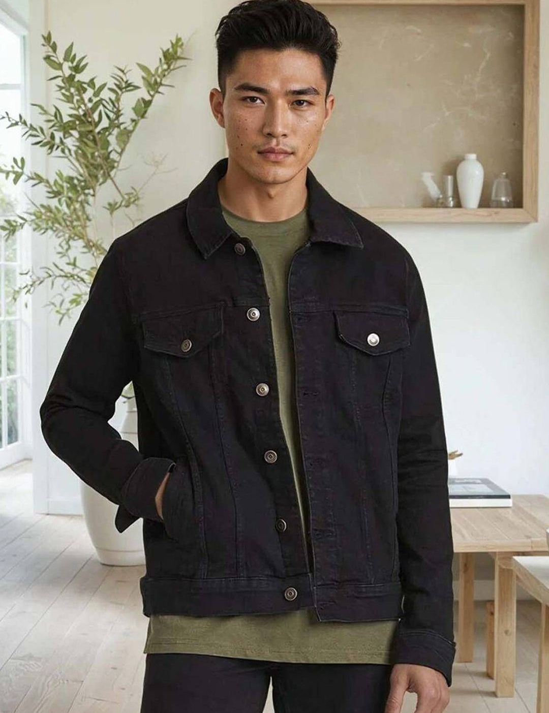 Kotty Men Spread Collar Solid Denim Jacket