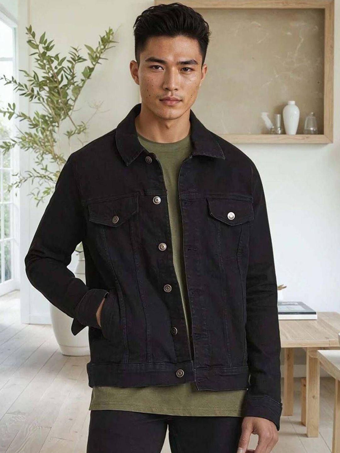 Kotty Men Spread Collar Solid Denim Jacket