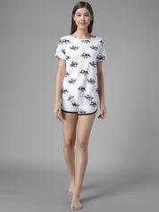 Kotty Women White & Black Printed Night Suit