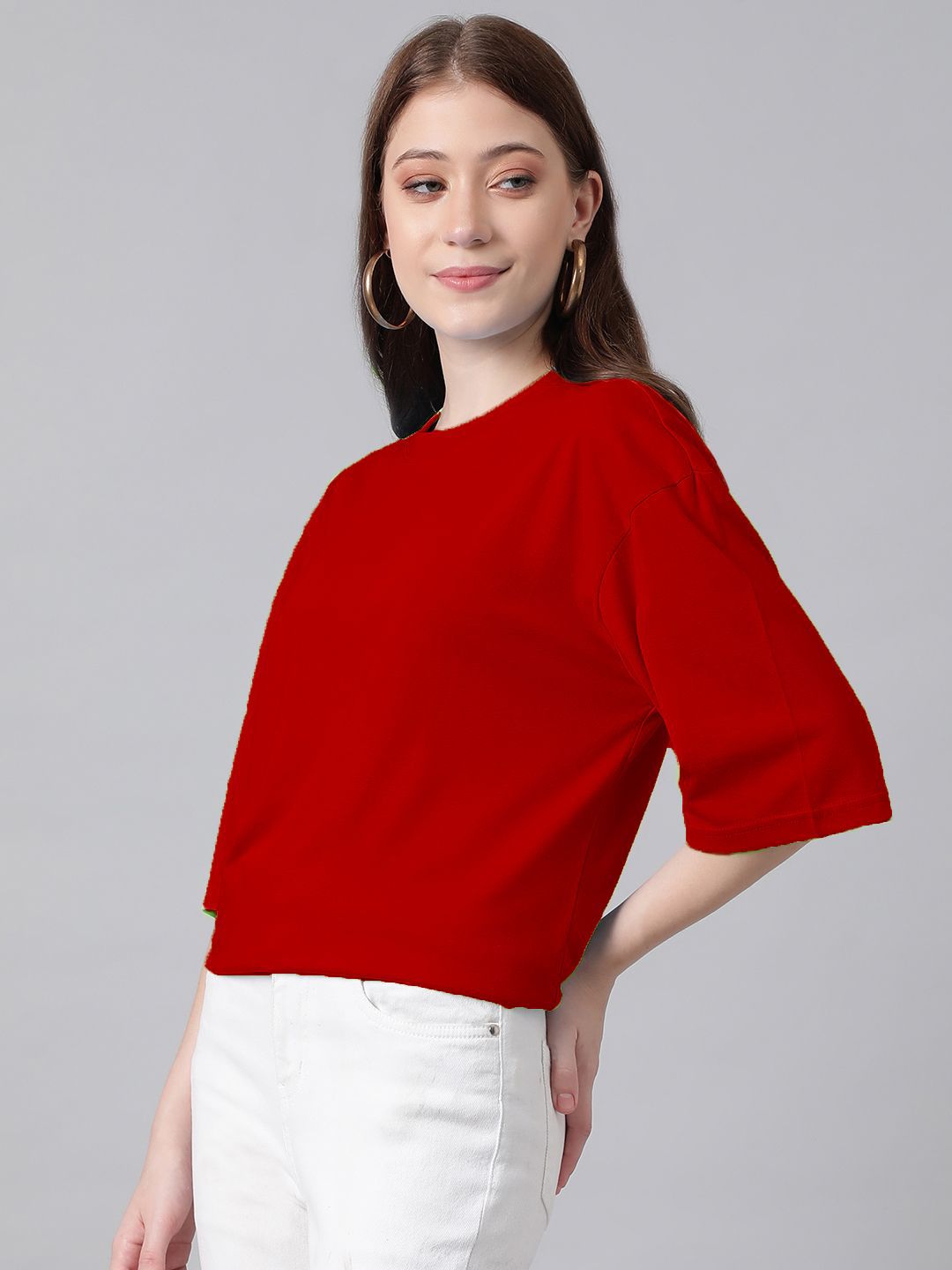 Kotty Red Round Neck Oversized Cotton T-shirt
