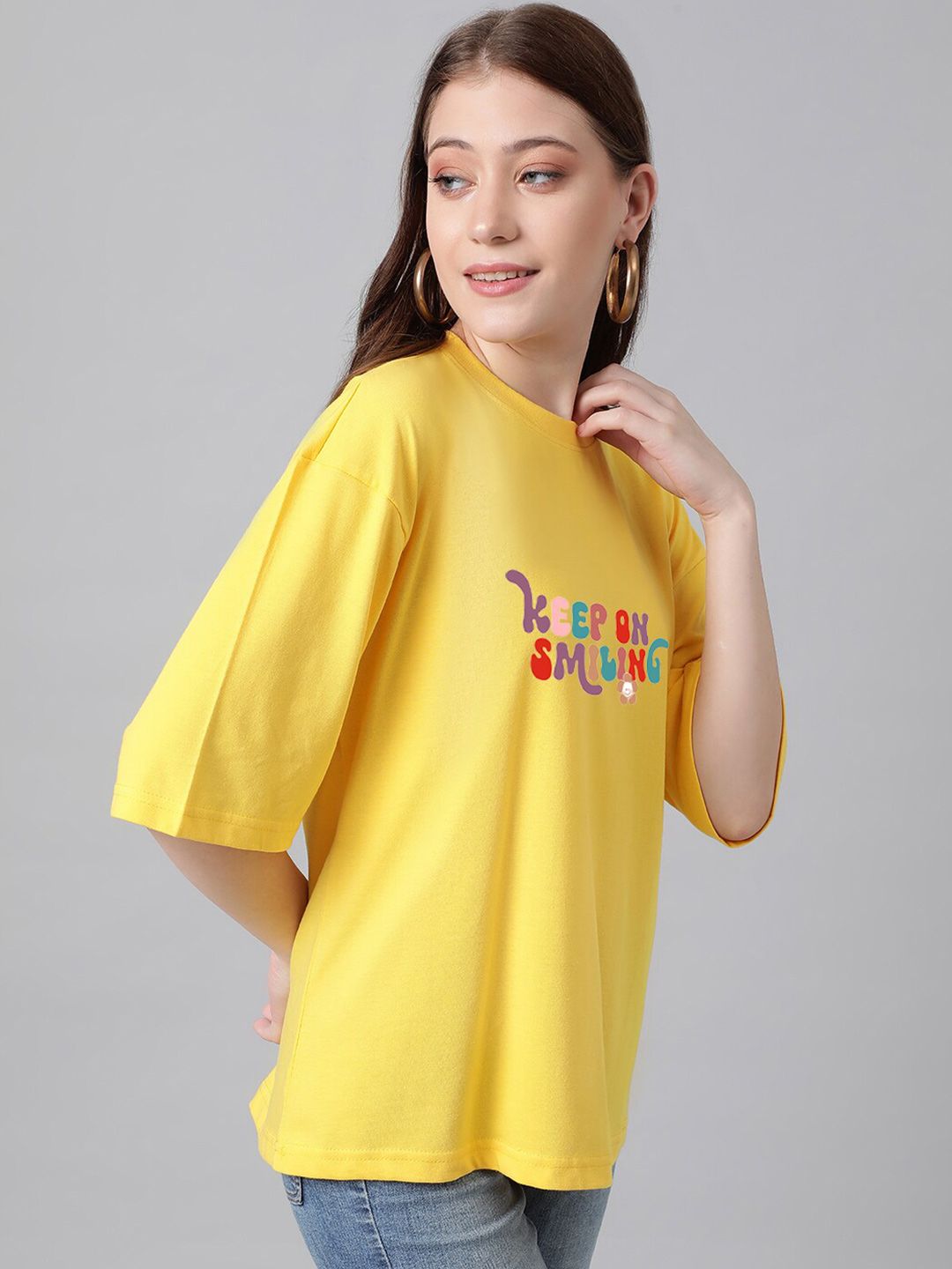 KOTTY Basics Typography Printed Drop-Shoulder Sleeves Oversized T-shirt