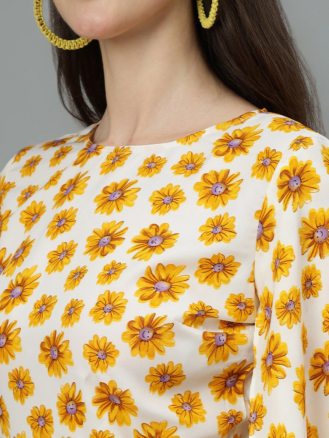 Kotty White & Yellow Floral Printed Flared Sleeves Peplum Top