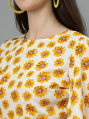 Kotty White & Yellow Floral Printed Flared Sleeves Peplum Top