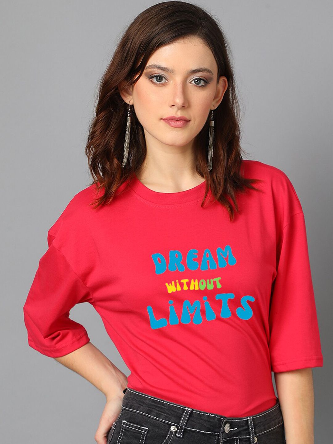 Kotty Pink Typography Printed Drop-Shoulder Sleeves Oversized T-shirt