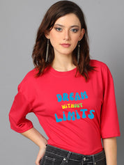 Kotty Pink Typography Printed Drop-Shoulder Sleeves Oversized T-shirt