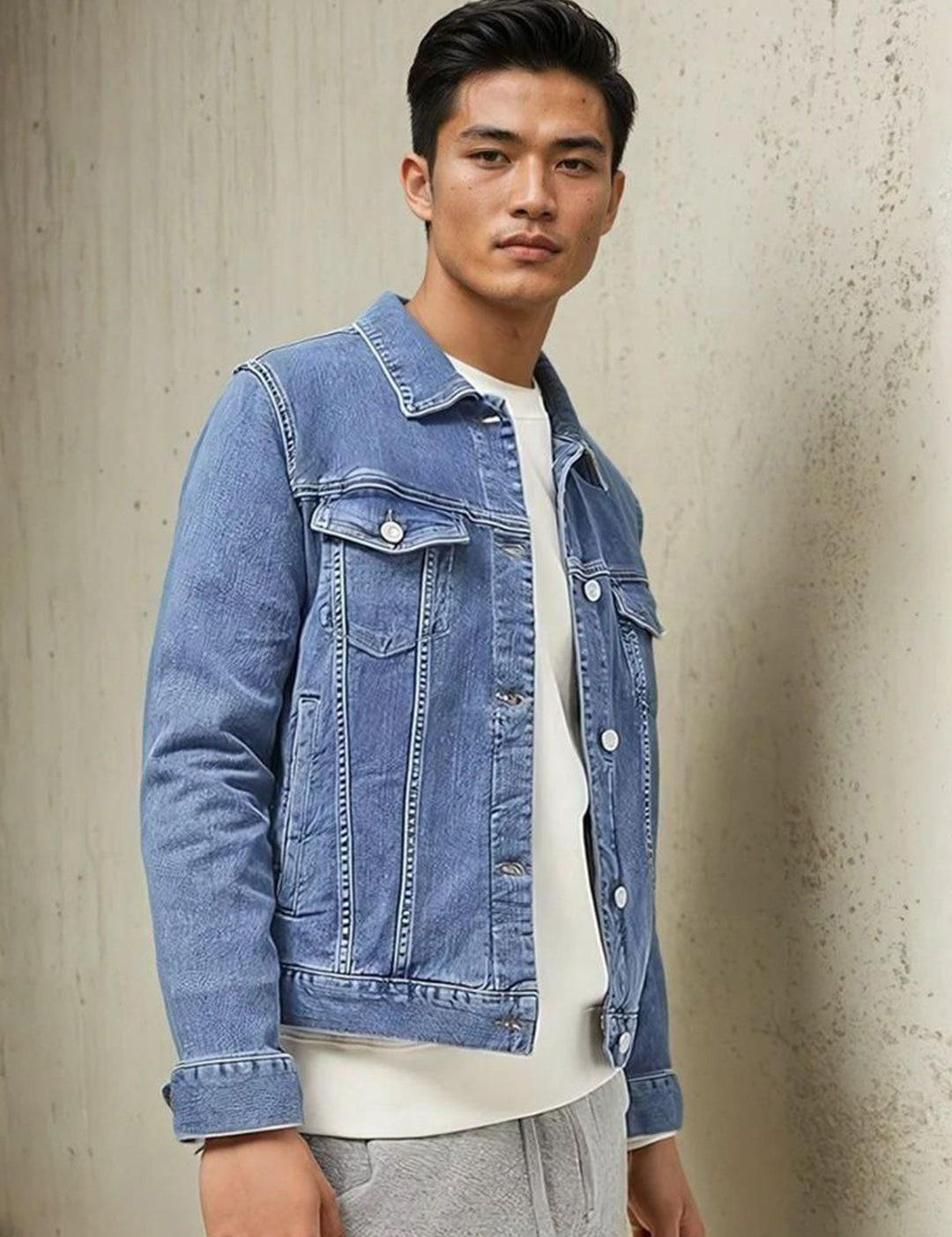 Kotty Men Spread Collar Washed Solid Denim Jacket