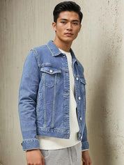 Kotty Men Spread Collar Washed Solid Denim Jacket