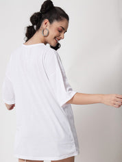 Kotty Women White Typography Printed Oversized T-shirt