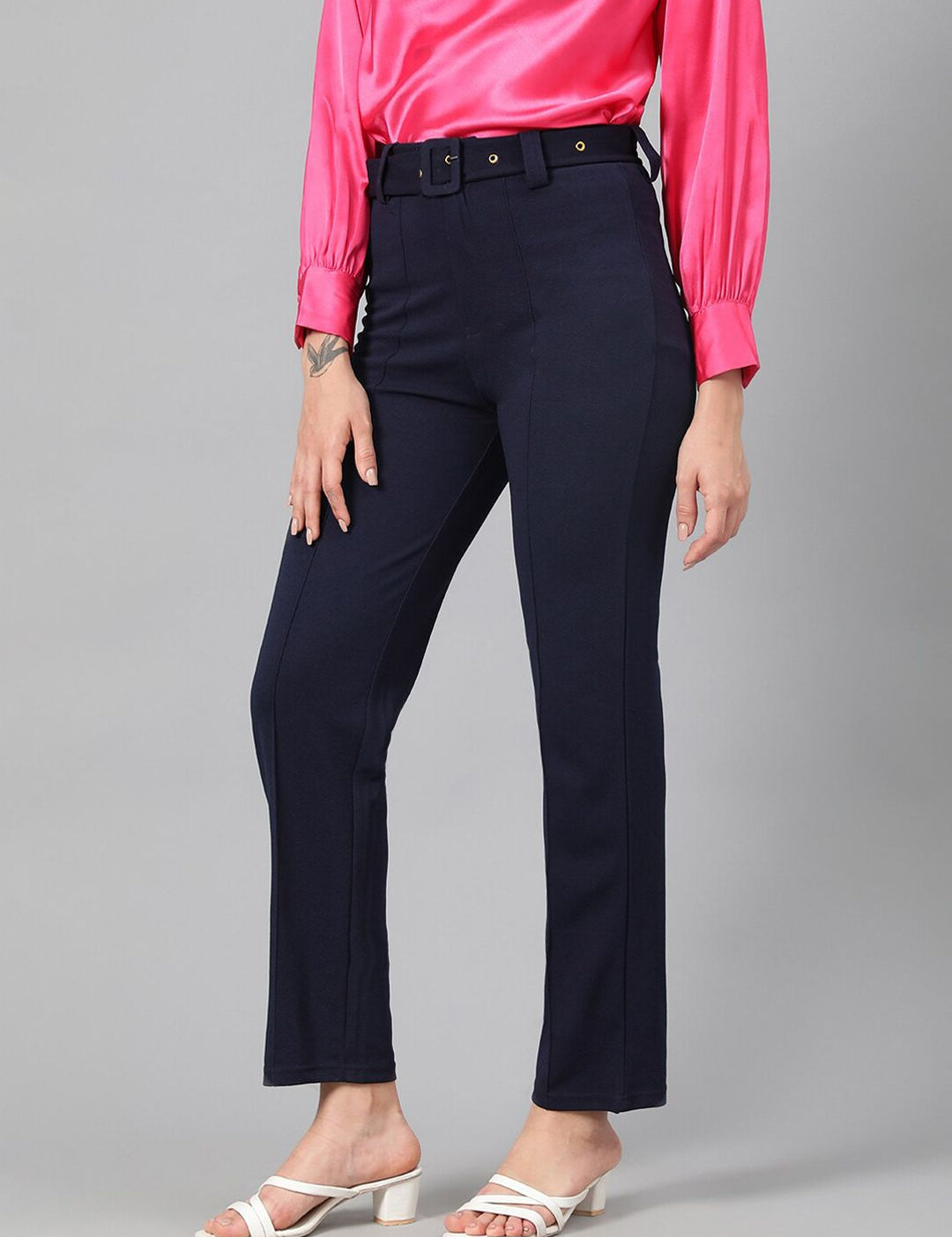 Kotty Women Navy Blue Relaxed Straight Leg Fit High-Rise Easy Wash Trousers
