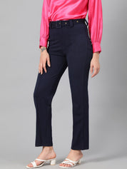Kotty Women Navy Blue Relaxed Straight Leg Fit High-Rise Easy Wash Trousers