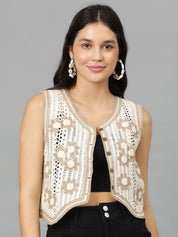 Kotty Floral Self Design Crochet V-Neck Crop Top