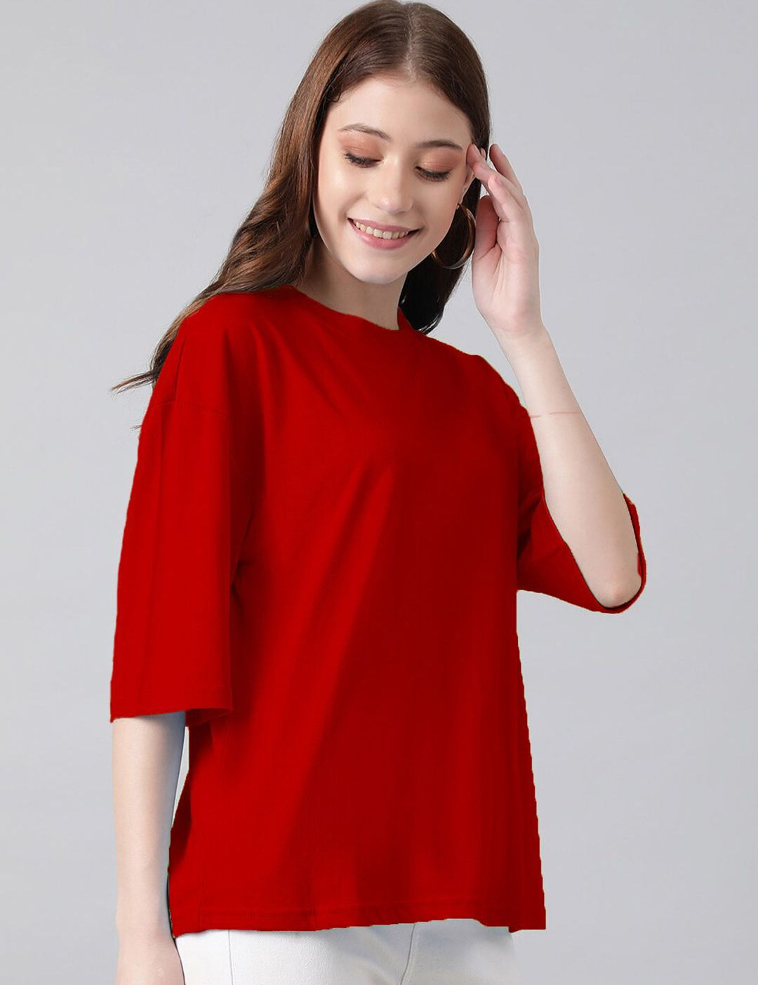 Kotty Red Round Neck Oversized Cotton T-shirt