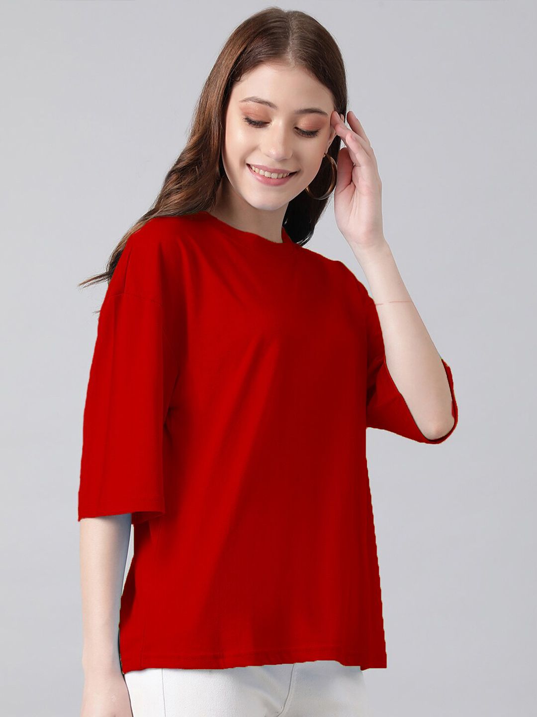 Kotty Red Round Neck Oversized Cotton T-shirt