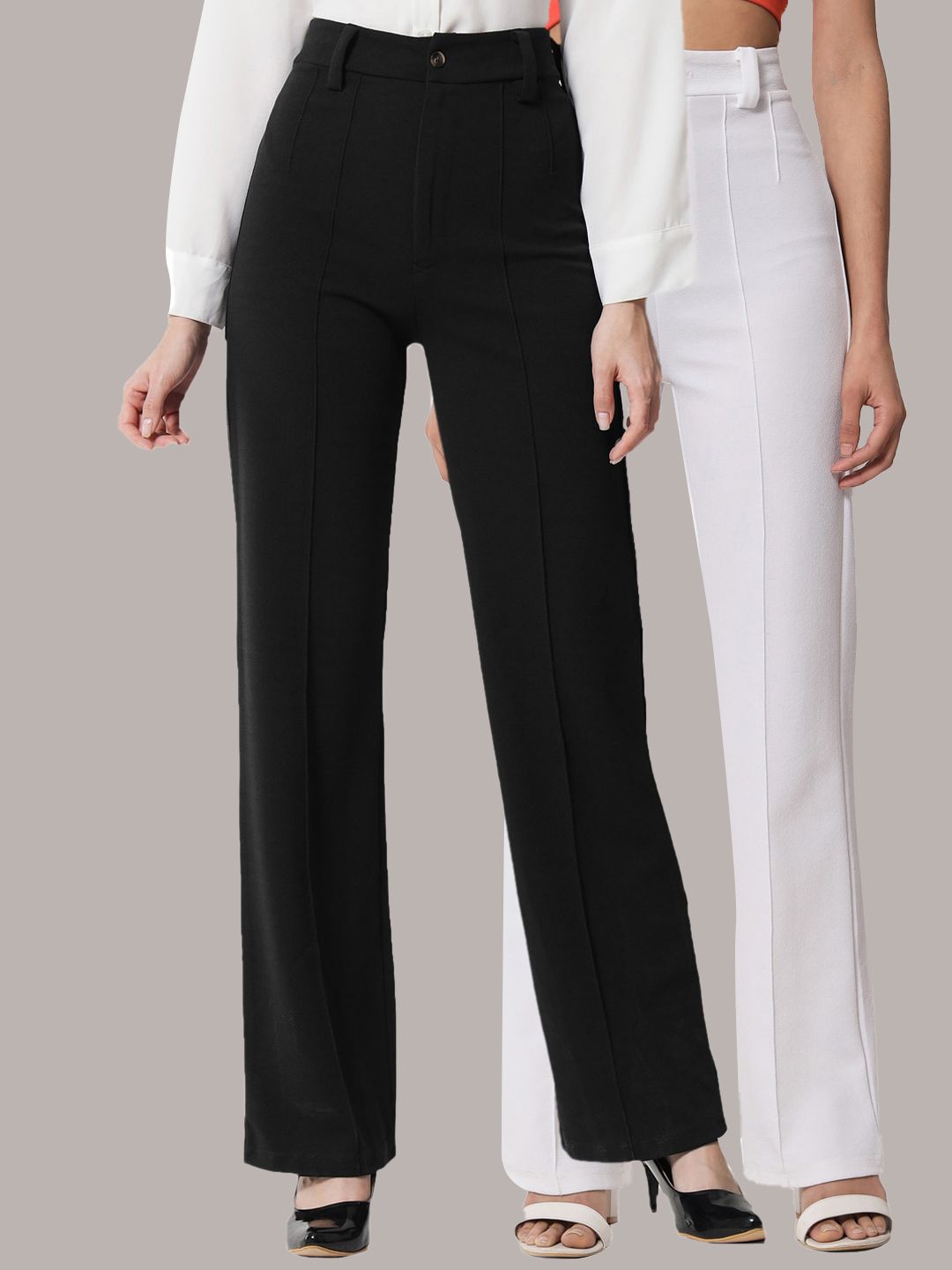Kotty Women Pack Of 2 Relaxed Straight Leg Fit High-Rise Easy Wash Trousers