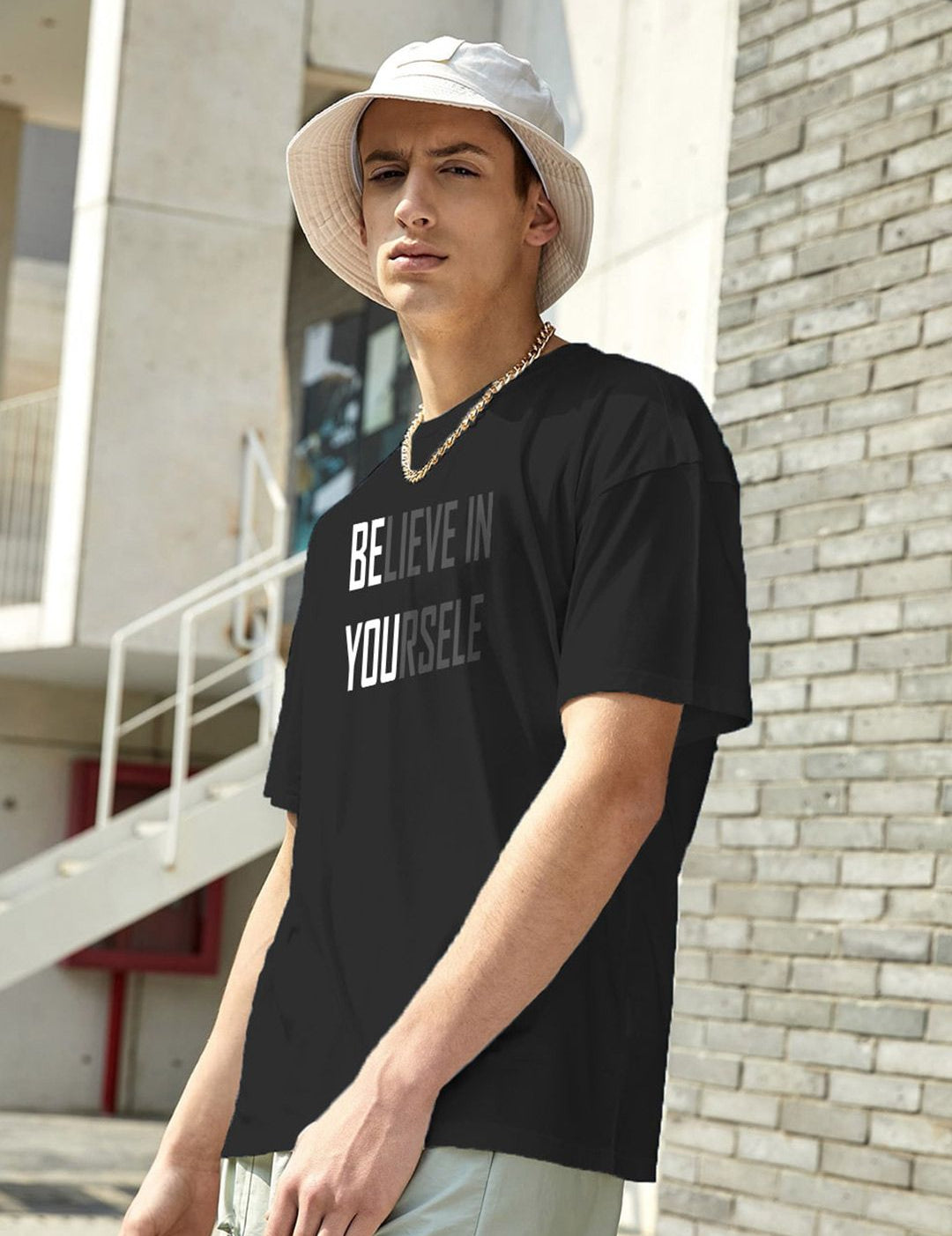 Kotty Black Typography Printed Round Neck Oversized Cotton T-Shirt