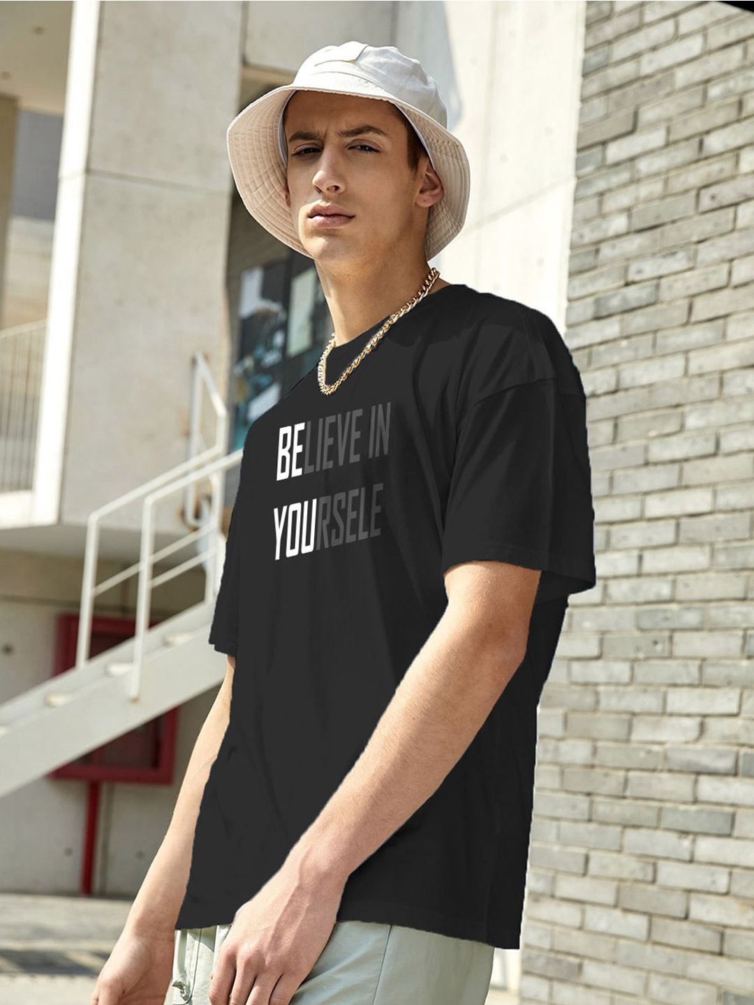 Kotty Black Typography Printed Round Neck Oversized Cotton T-Shirt