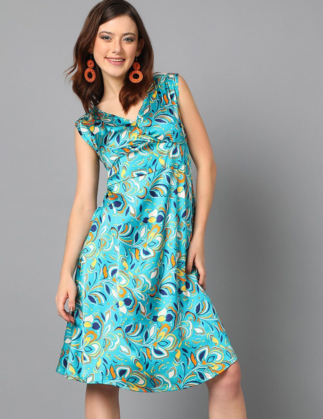 Kotty Blue & Yellow Floral Printed Satin A Line Dress