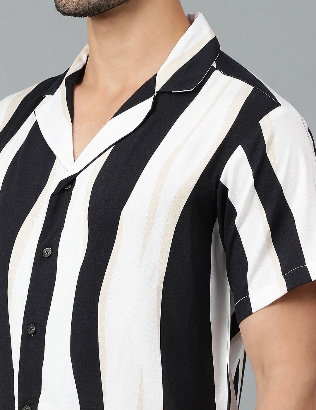 Kotty Men Cuban Collar Striped Casual Shirt