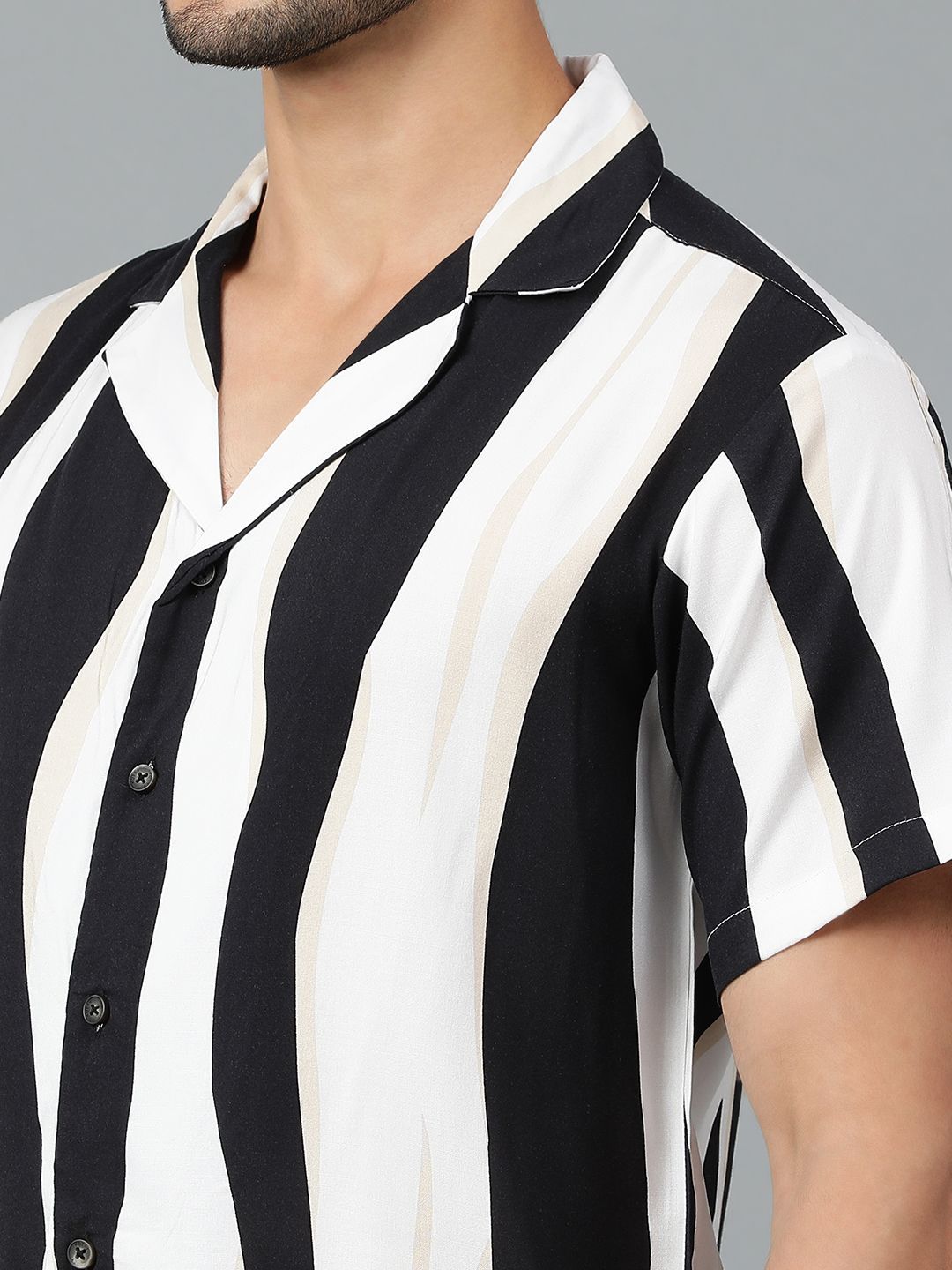 Kotty Men Cuban Collar Striped Casual Shirt